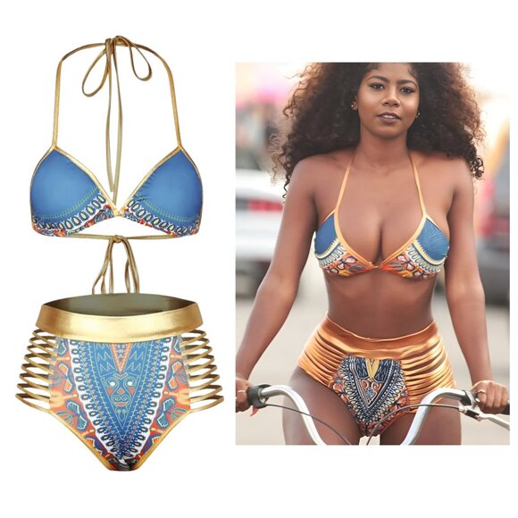 Sexy Diva Other - Gorgeous Ultra Sexy Goddess in Gold Boho Aztec Print Bikini Swimsuit Strappy NEW